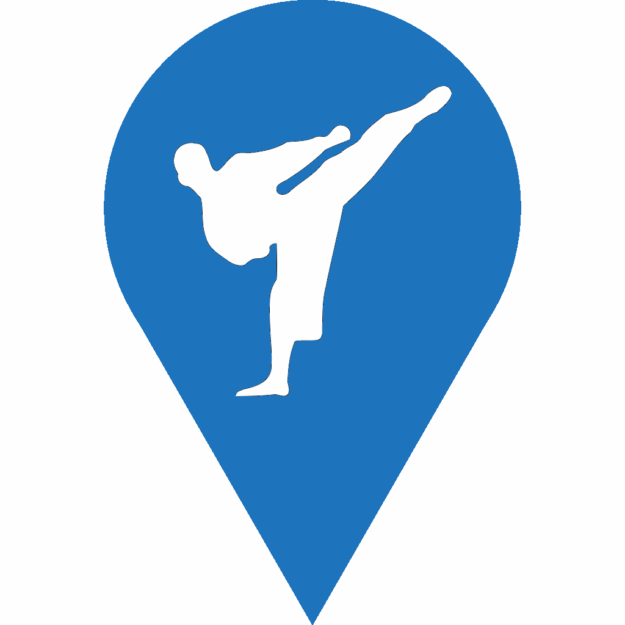 A blue and white map pin with a person kicking