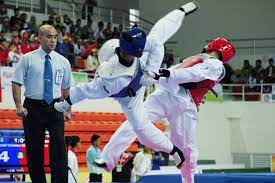 Taekwondo match with referee, fighters in action.
